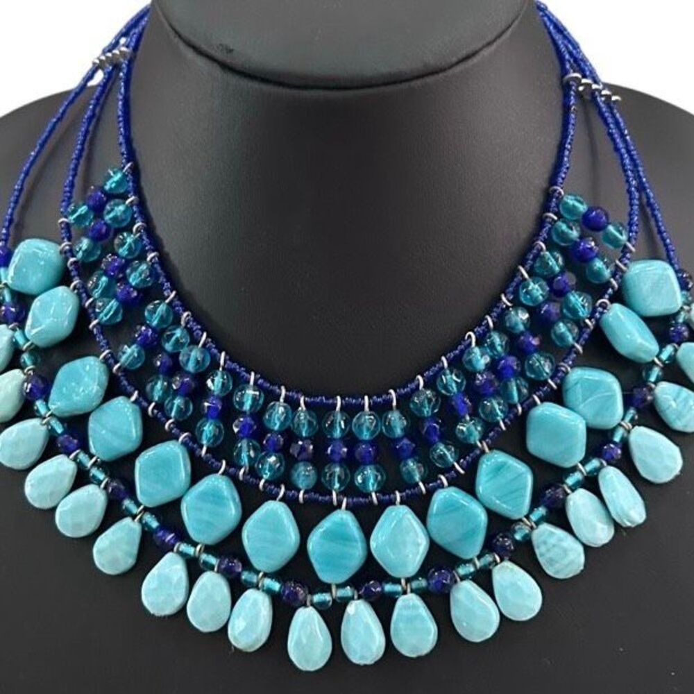 Multi strand Bib Statement Necklace Faux Turquoise & Blue Bead Tiered Waterfall - Picture 4 of 9